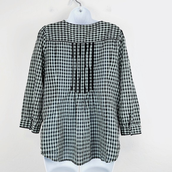 Meadow Rue Anthropologie Blouse 14 Black Gingham Check Button Front 3/4 Sleeve - Picture 2 of 4